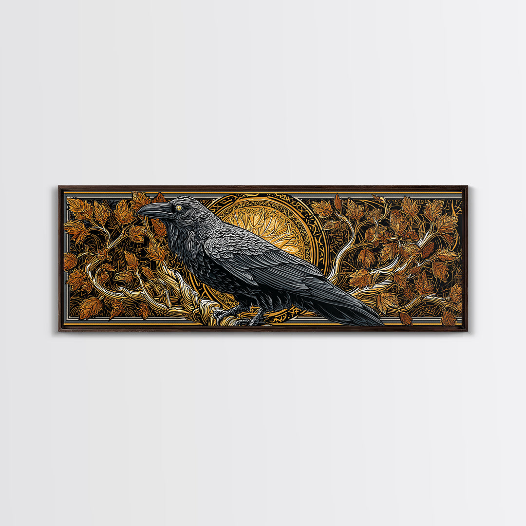 Canvas Gold Art Norse Raven Muninn Canvas Art, Viking Wall Decor framed in real wood, Nordic Mythology Office Art, Gift for Men