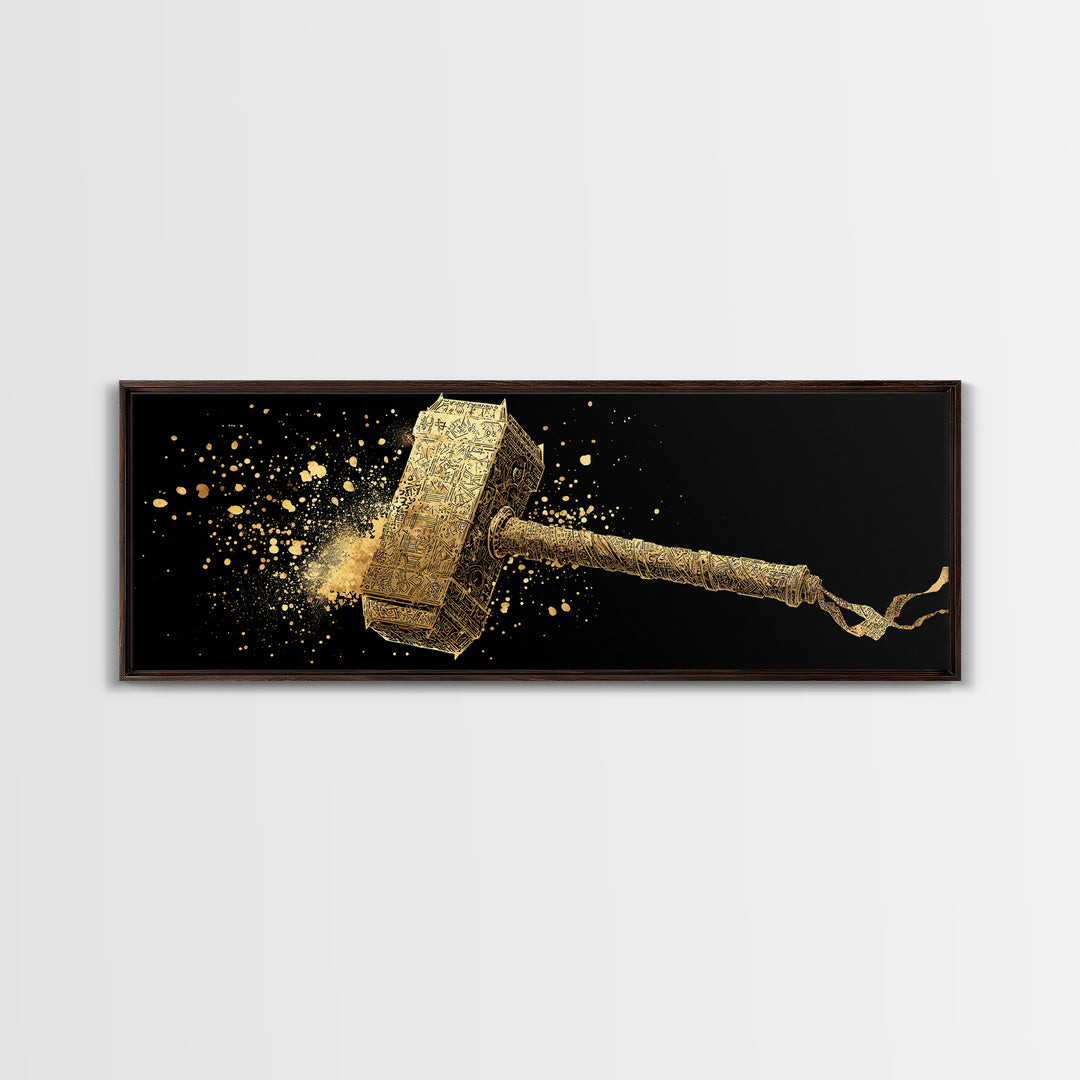 Thor’s Hammer Mjolnir Canvas Gold Art, Norse Mythology Canvas Art with real wood frame, Viking Office Wall Decor, Unique Dad Gift