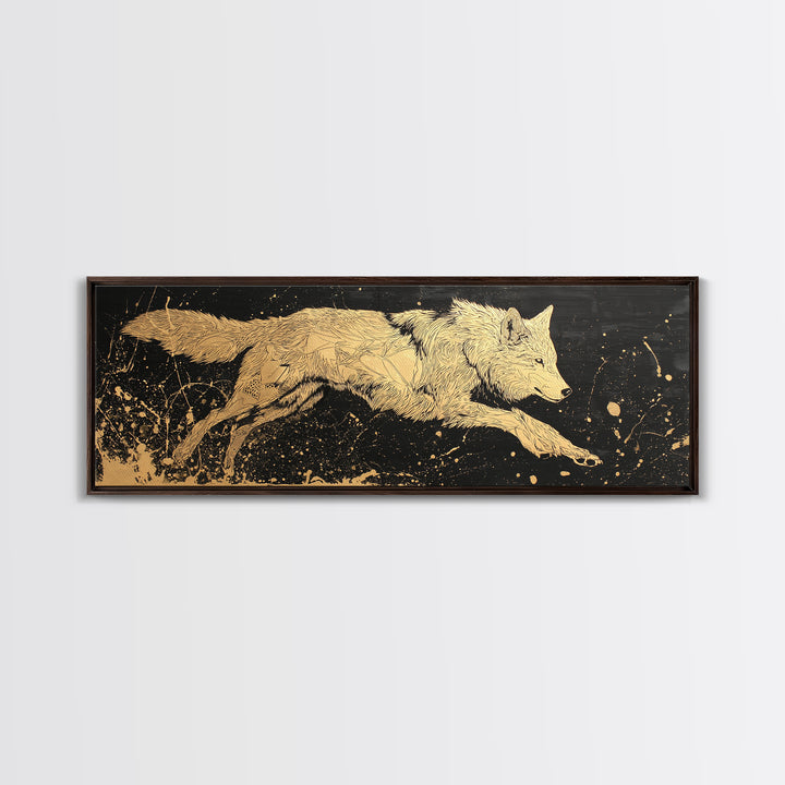 Fenrir Wolf Canvas Gold Art, Norse Mythology Canvas Art framed in natural wood, Viking Man Cave Decor, Nordic Wall Art Dad Gift