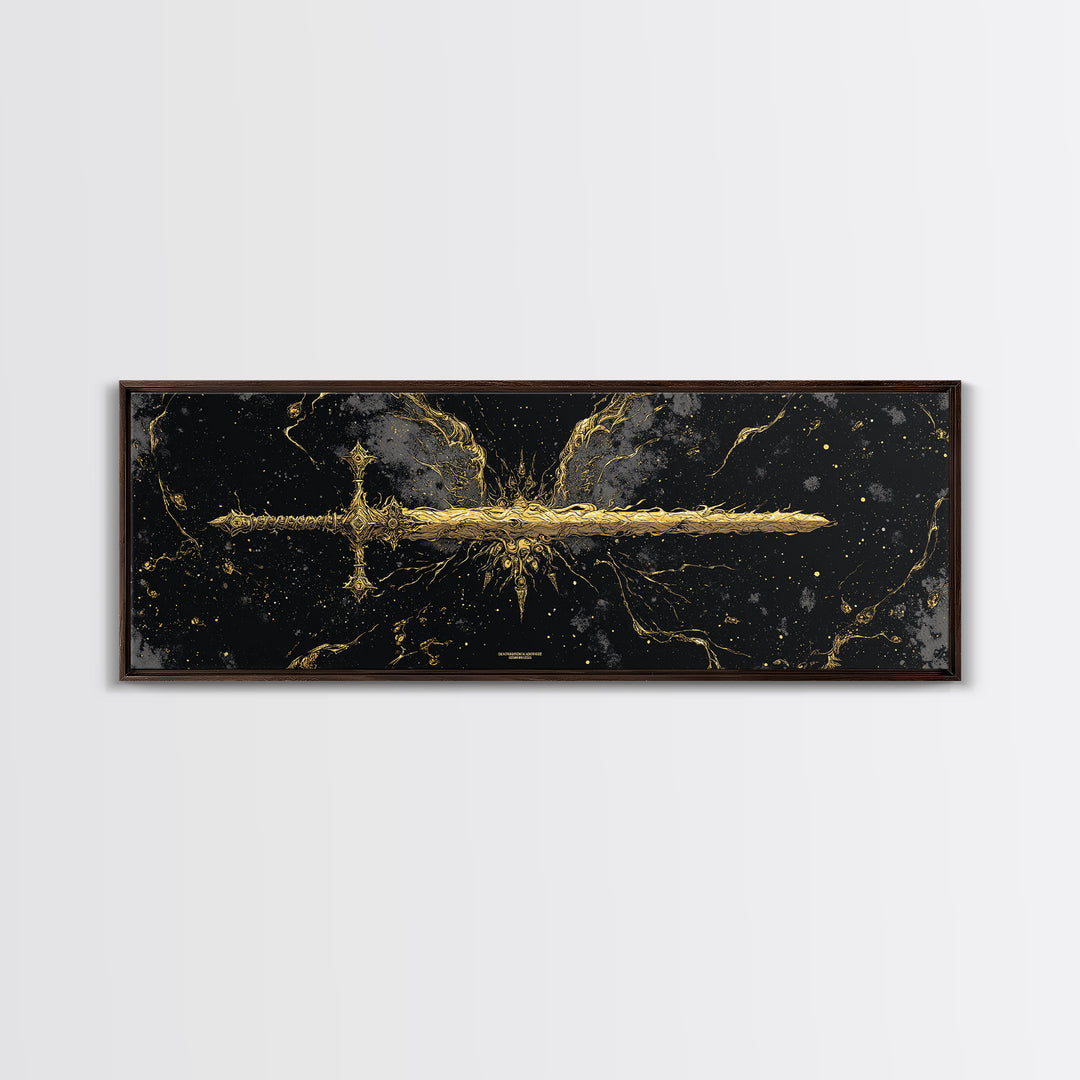 Golden Sword Canvas Gold Art, Norse Mythology Canvas Art framed in real wood, Viking Office Wall Decor, Nordic Man Cave Gift