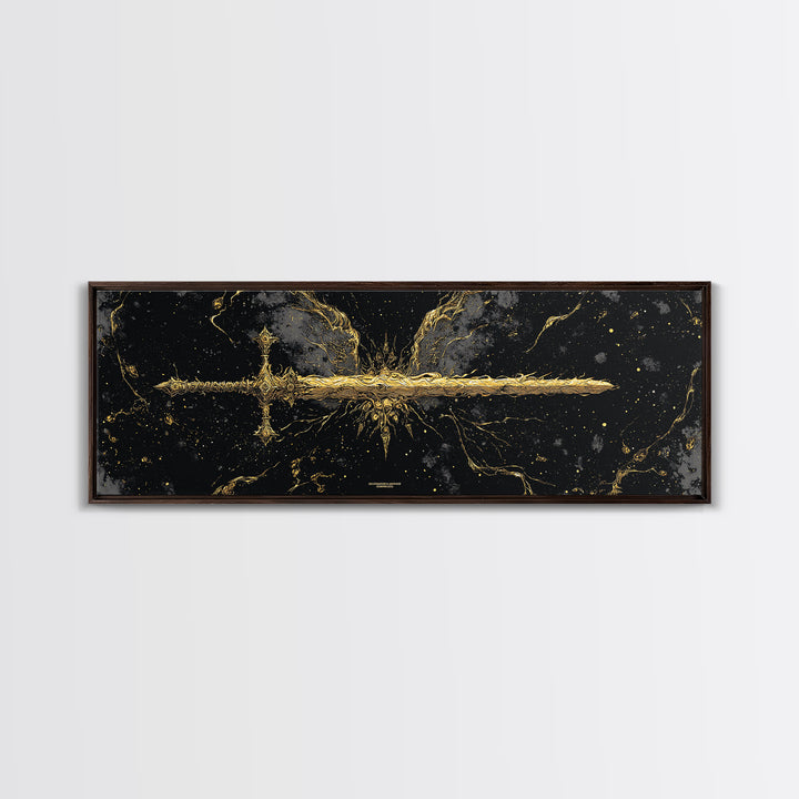 Golden Sword Canvas Gold Art, Norse Mythology Canvas Art framed in real wood, Viking Office Wall Decor, Nordic Man Cave Gift