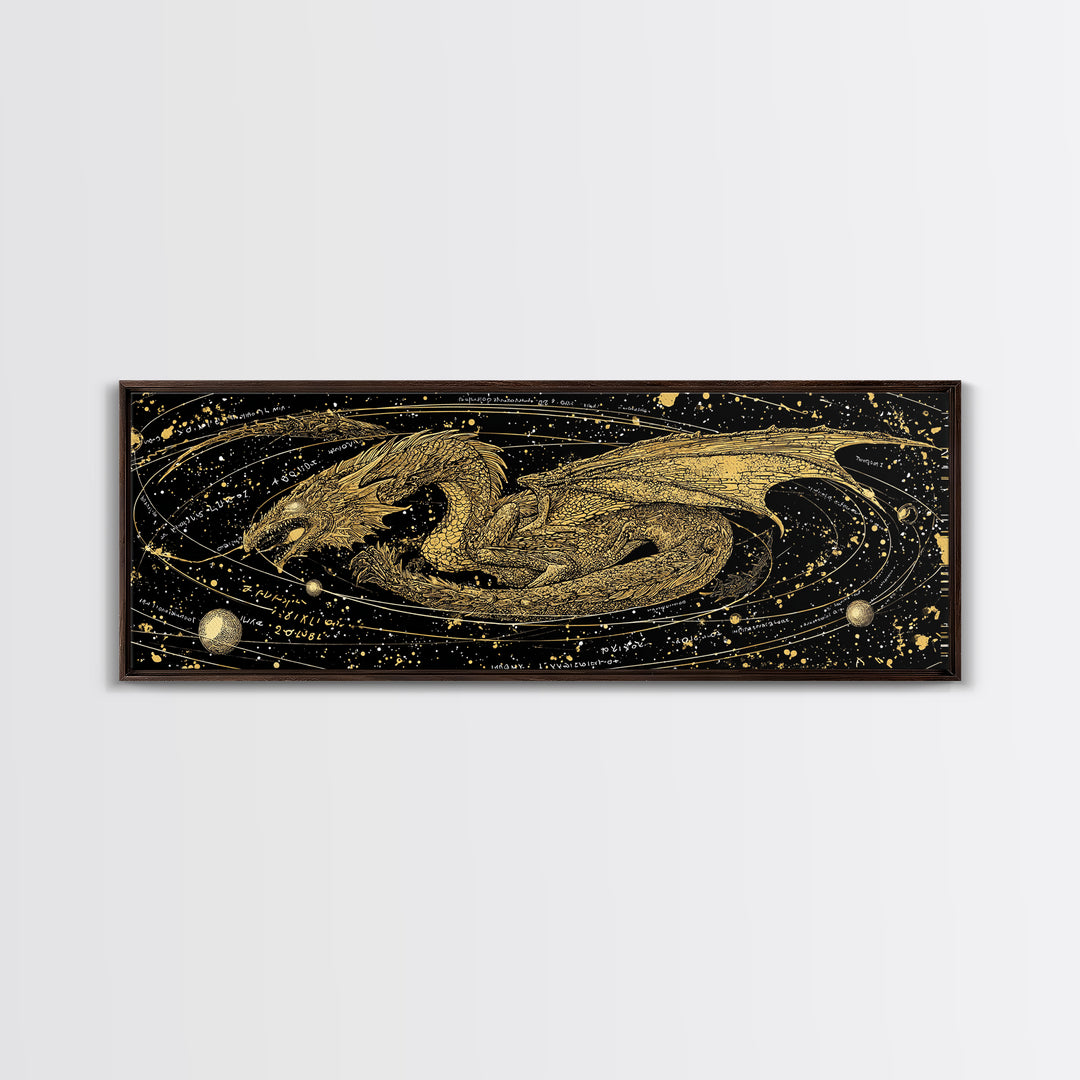 Jormungandr Dragon Canvas Gold Art, Norse Mythology Canvas Art with natural wood frame, Viking Decor for Office, Dad Gift Man Cave