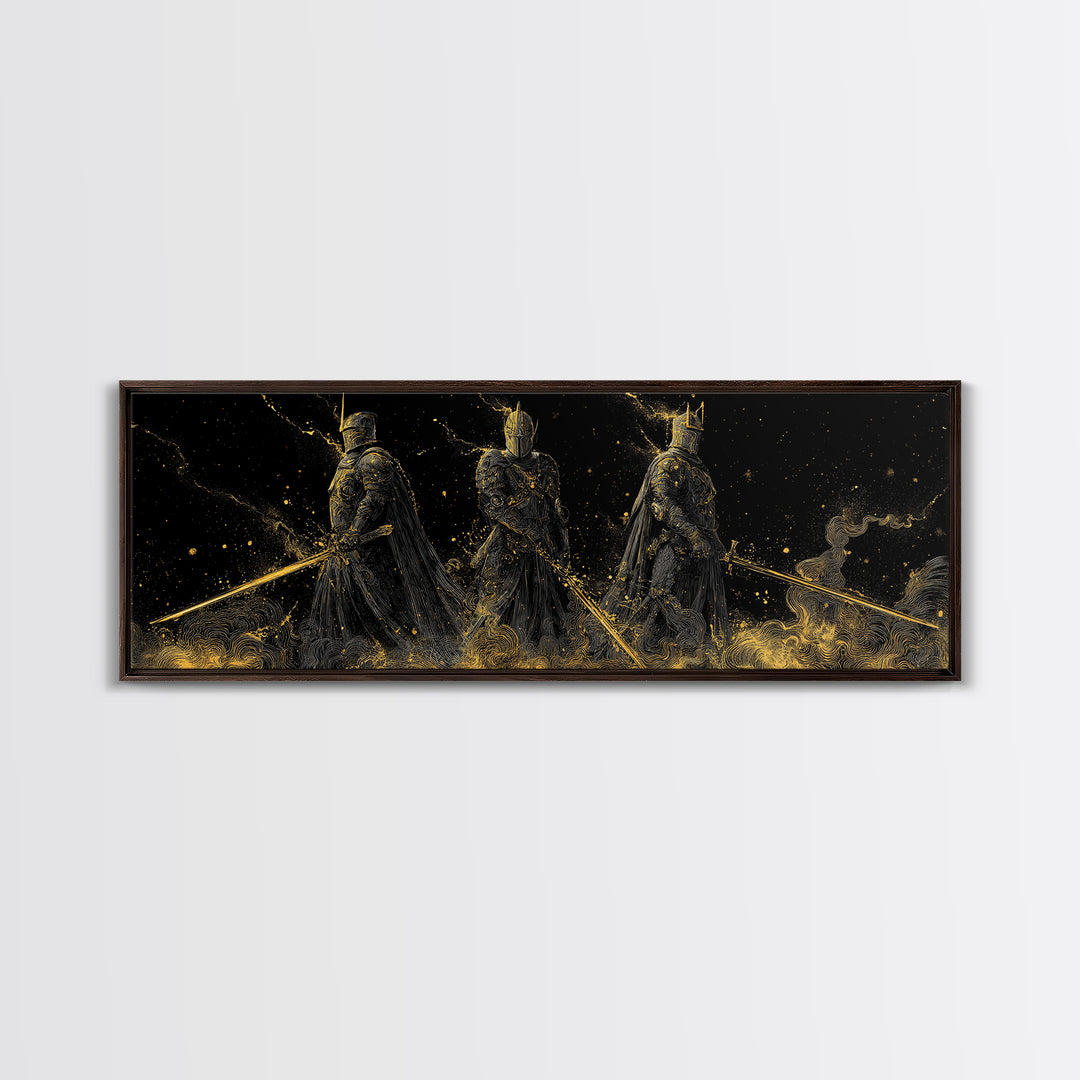 Einherjar Warriors Viking Canvas Gold Art Canvas Art, Norse Mythology Office Art Dad Gift, framed in natural wood