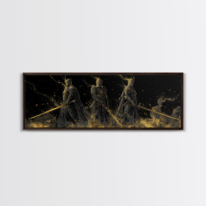 Einherjar Warriors Viking Canvas Gold Art Canvas Art, Norse Mythology Office Art Dad Gift, framed in natural wood