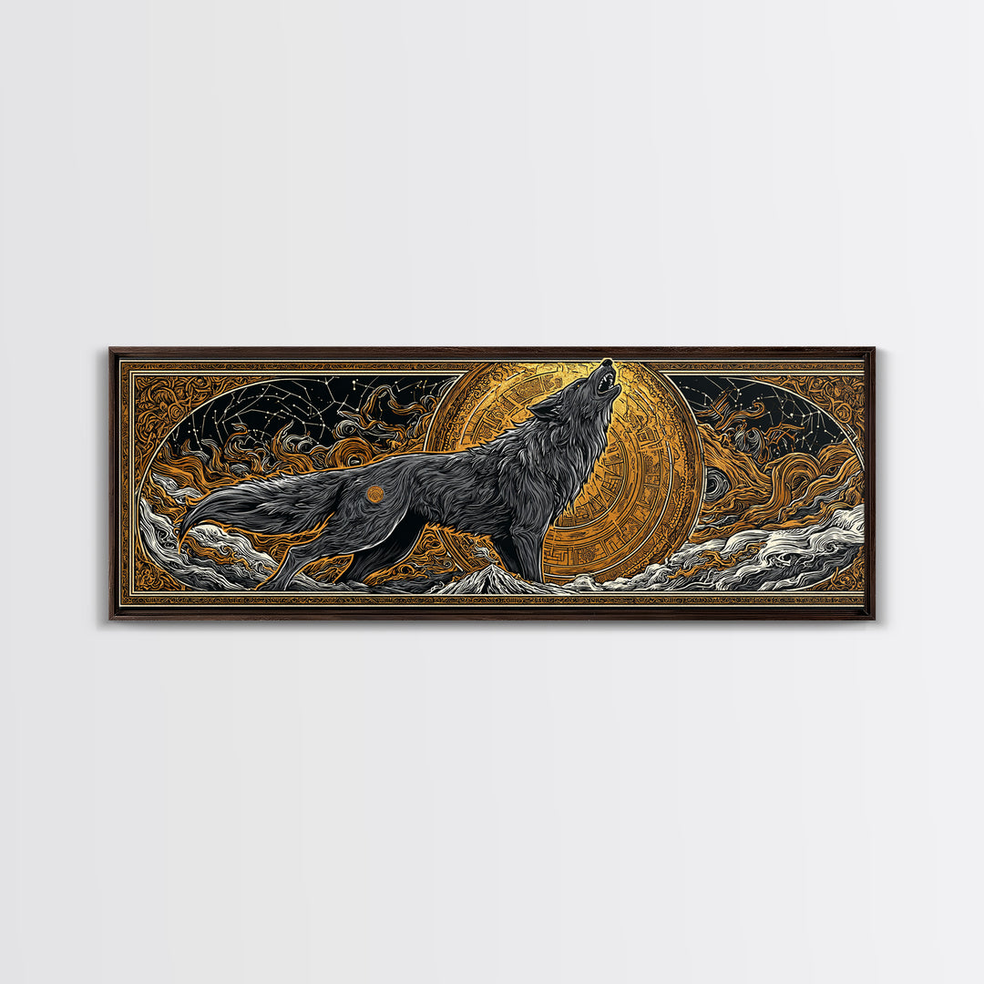 Fenrir Wolf of Ragnarok Canvas Gold Art Canvas Art, Norse Mythology Office Decor Man Cave Wall Art, with real wood frame