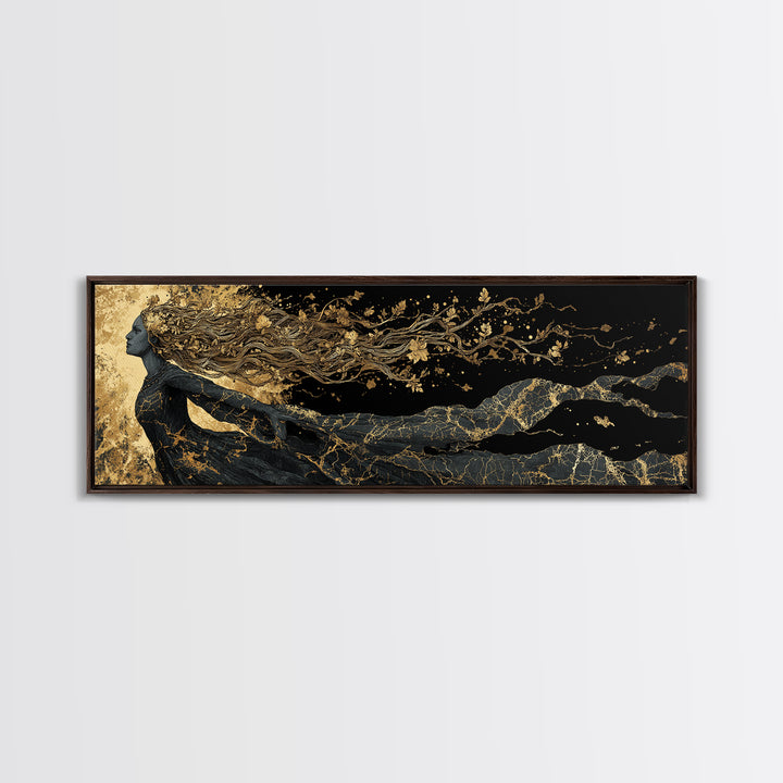 Norse Goddess Freyja Canvas Gold Art Canvas Art, Viking Mythology Office Art Man Cave Decor, in handcrafted wood frame