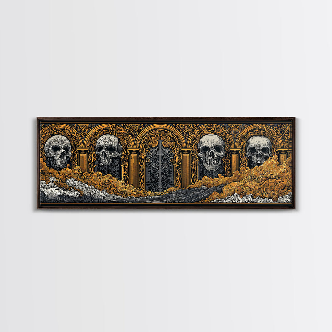 Helheim Canvas Gold Art, Norse Mythology Canvas Art with Nordic Skulls, Office Wall Decor for Men, Framed in Real Wood