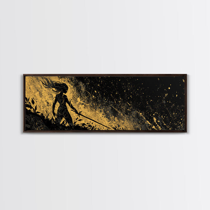 Norse Shieldmaiden Hervor Canvas Art, Canvas Gold Art for Man Cave or Office, Viking Mythology Wall Decor, Real Wood Frame