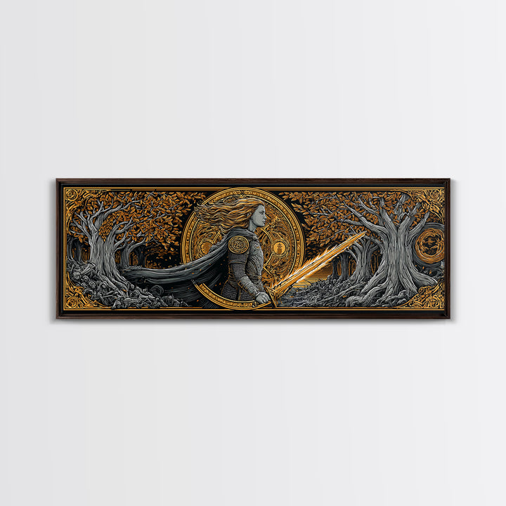 Hervor Nordic Warrior Goddess Canvas Gold Art, Mythology Inspired Canvas Art, Dad Gift or Office Art, Framed in Natural Wood