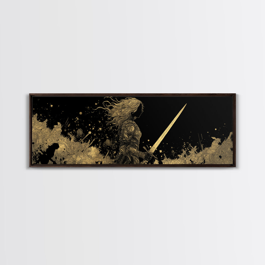 Hervor Warrior Canvas Gold Art, Viking Shieldmaiden Canvas Art, Nordic Mythology Office Decor, Natural Wood Frame Gift