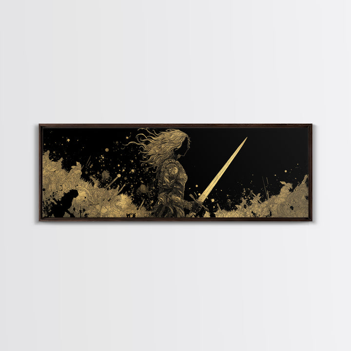 Hervor Warrior Canvas Gold Art, Viking Shieldmaiden Canvas Art, Nordic Mythology Office Decor, Natural Wood Frame Gift