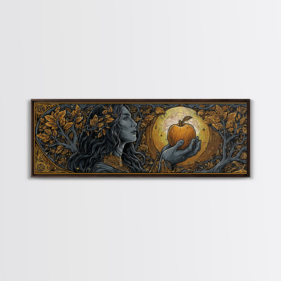 Idunn with Golden Apple Canvas Gold Art, Norse Mythology Goddess Canvas Art, Nordic Office Wall Decor, Real Wood Frame