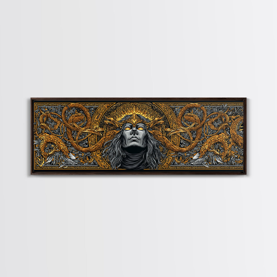 Norse Trickster Loki Canvas Art, Canvas Gold Art for Viking Lovers, Nordic Mythology Office or Dad Gift, Framed in Natural Wood