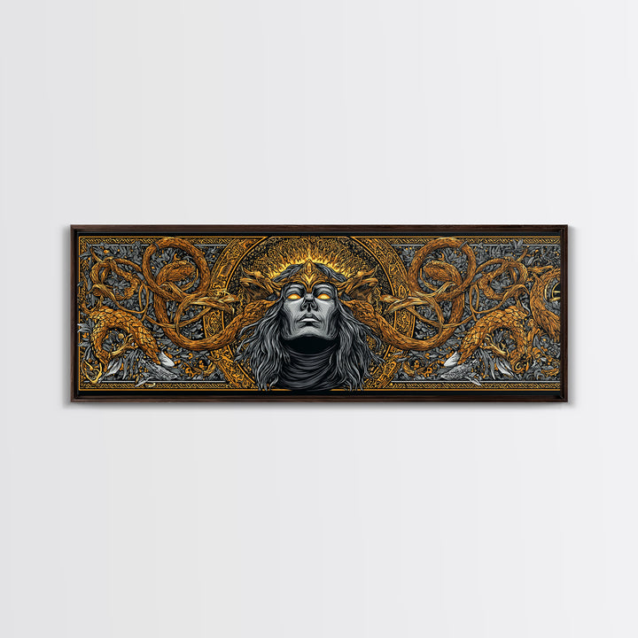 Norse Trickster Loki Canvas Art, Canvas Gold Art for Viking Lovers, Nordic Mythology Office or Dad Gift, Framed in Natural Wood