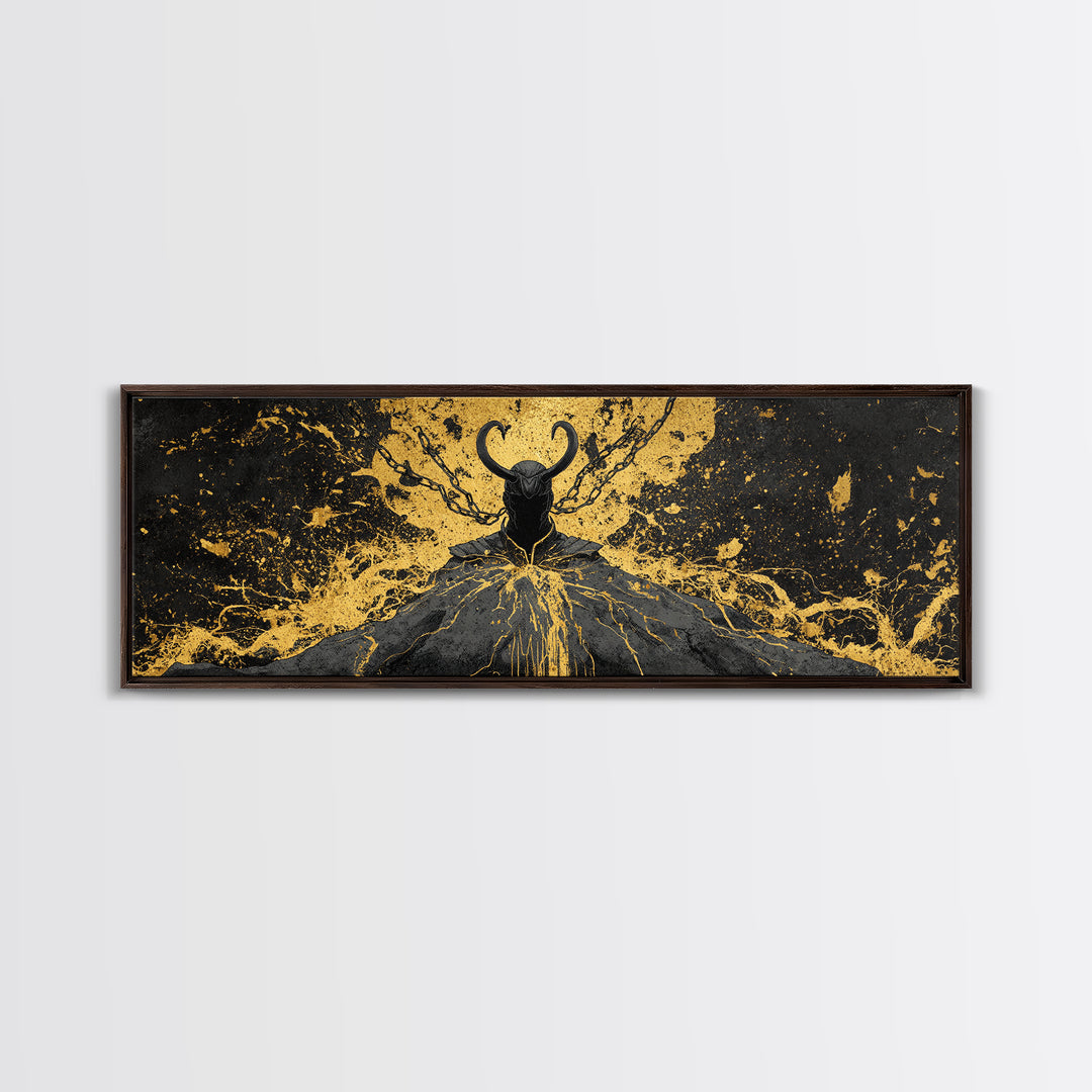 Loki God of Mischief Canvas Gold Art, Norse Mythology Canvas Art, Nordic Wall Decor for Man Cave or Office, Real Wood Frame