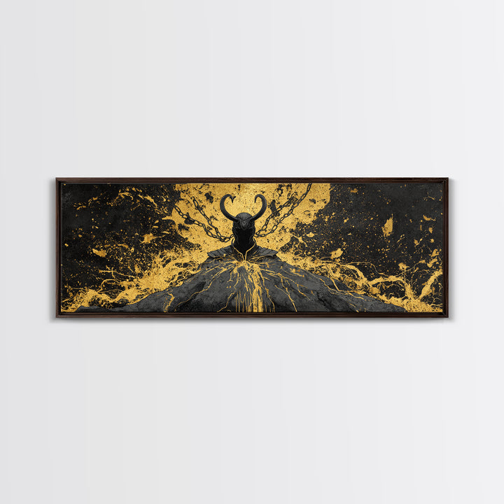 Loki God of Mischief Canvas Gold Art, Norse Mythology Canvas Art, Nordic Wall Decor for Man Cave or Office, Real Wood Frame