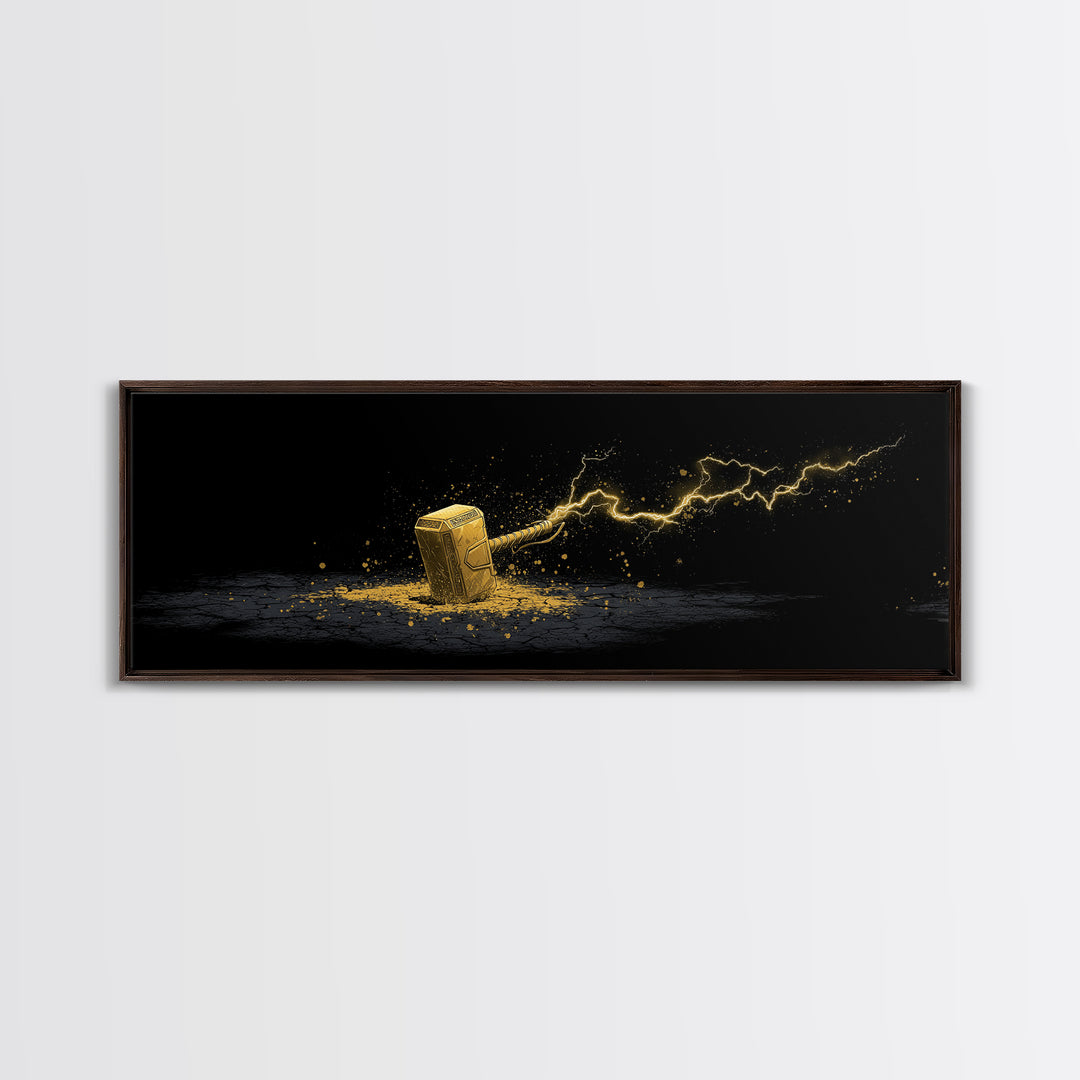Canvas Gold Art Canvas Art – Thor’s Mjolnir with Lightning, Nordic Mythology Office Wall Art Dad Gift, natural wood framed