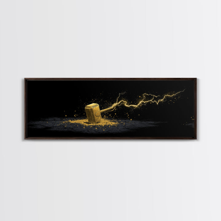 Canvas Gold Art Canvas Art – Thor’s Mjolnir with Lightning, Nordic Mythology Office Wall Art Dad Gift, natural wood framed