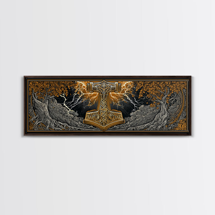 Mjolnir Canvas Gold Art Canvas Art – Thor’s Hammer Norse Mythology Wall Decor for Office or Man Cave, framed in real wood