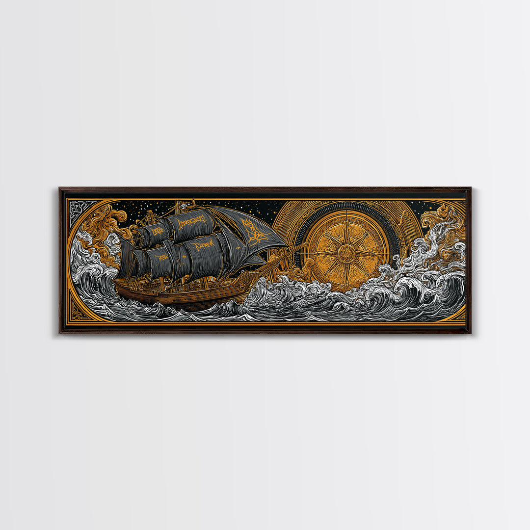Nordic Naglfar Canvas Gold Art Canvas Art – Viking Ship at Sea, Norse Mythology Wall Decor Dad Gift, framed in genuine wood