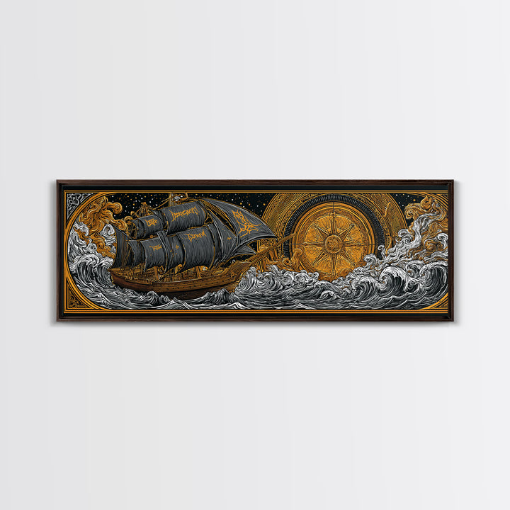 Nordic Naglfar Canvas Gold Art Canvas Art – Viking Ship at Sea, Norse Mythology Wall Decor Dad Gift, framed in genuine wood