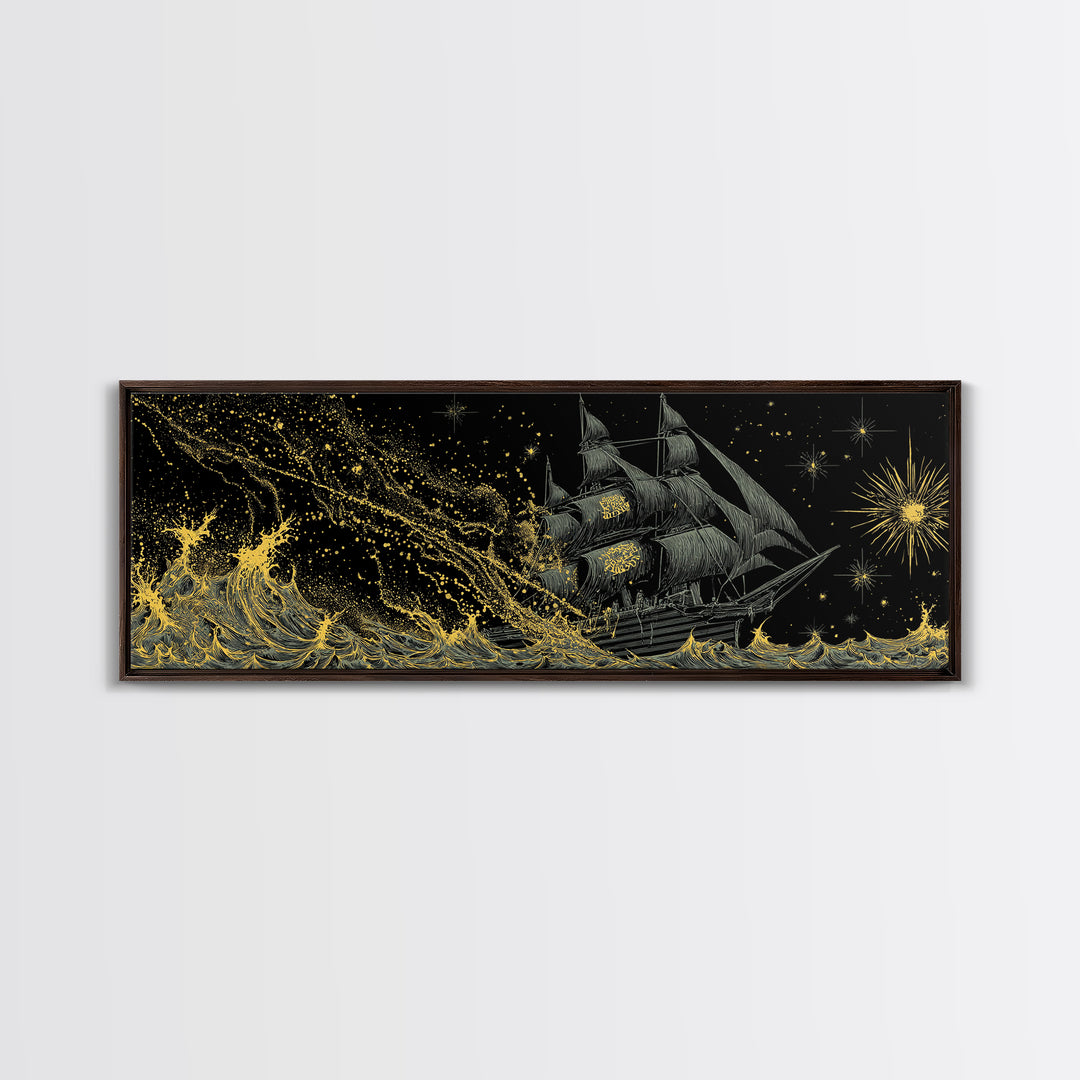 Naglfar Ship Canvas Art Canvas Gold Art – Viking Longship Norse Mythology Office Decor Man Cave Wall Hanging, real wood frame