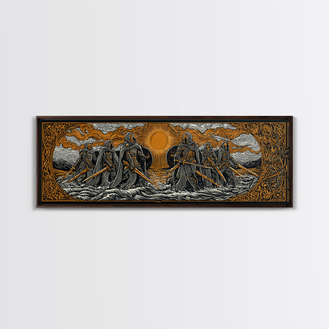 Norse Warriors Canvas Gold Art Canvas Art | Viking Battle Scene Wall Decor framed in natural wood | Man Cave or Office Gift