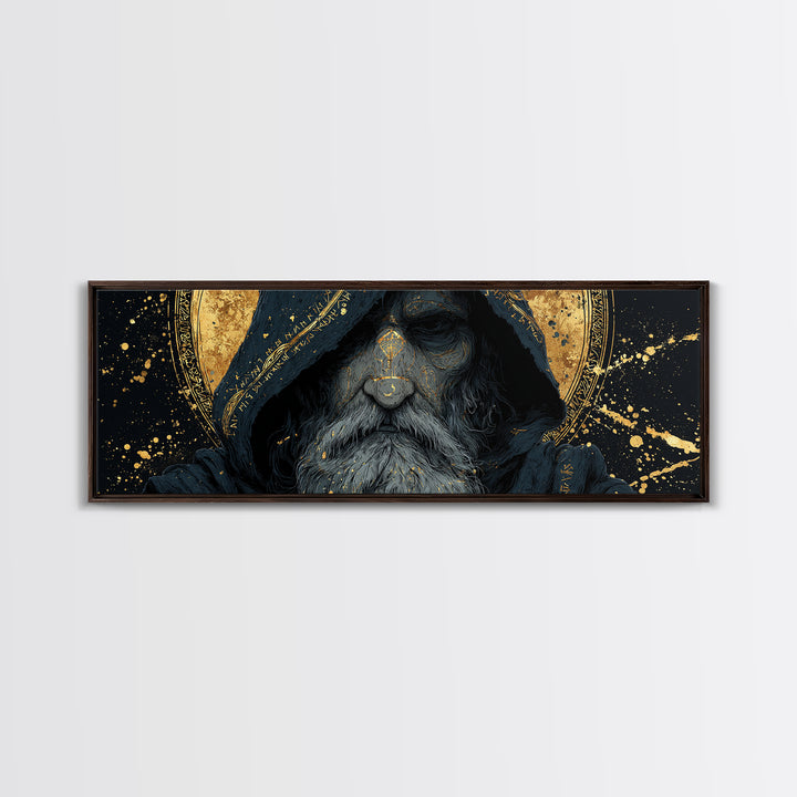 Canvas Gold Art of Odin Canvas Art | Viking God Wall Hanging framed in natural wood | Nordic Decor Gift for Men or Fathers