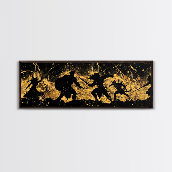 Ragnarok Nordic Myth Canvas Gold Art Canvas Art | Epic Viking Battle Scene Wall Decor with real wood frame | Office or Den Art