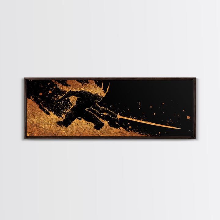 Canvas Gold Art Surtur Canvas Art | Norse Fire Giant Ragnarok Wall Decor framed in natural wood | Nordic Man Cave Office Gift
