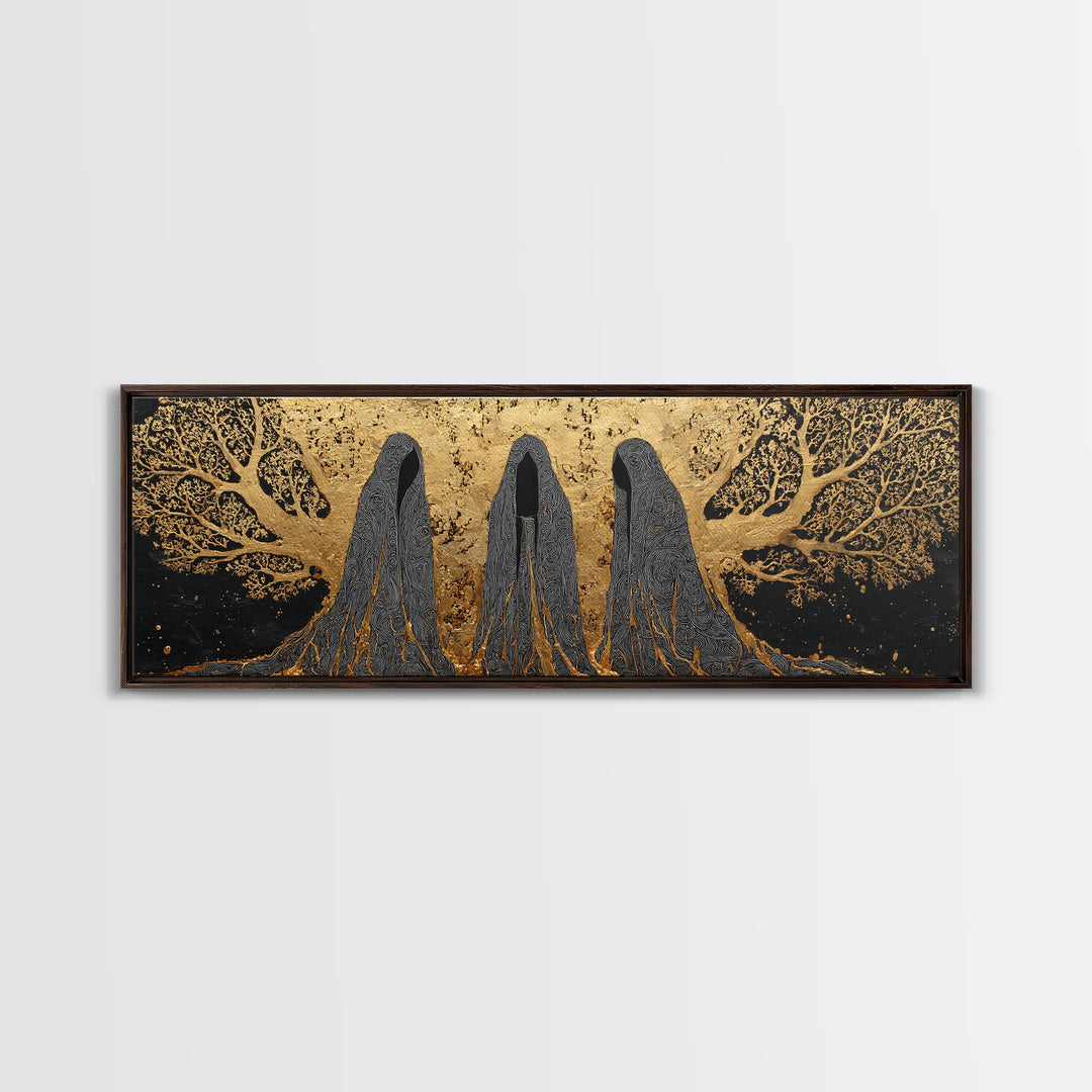 Nordic Norns Destiny Goddesses Canvas Gold Art Canvas Art for Viking Office Decor or Dad Gift, with authentic real wood frame
