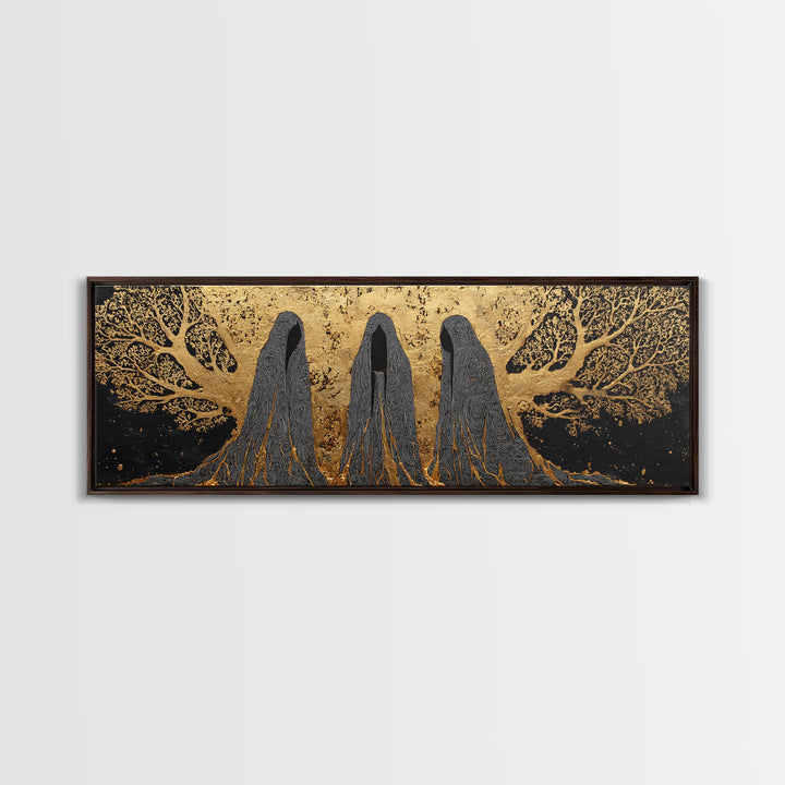Nordic Norns Destiny Goddesses Canvas Gold Art Canvas Art for Viking Office Decor or Dad Gift, with authentic real wood frame