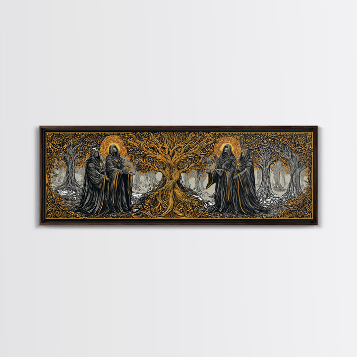 The Norns Canvas Gold Art Norse Mythology Canvas Art Wall Decor for Man Cave or Office, framed in handcrafted real wood