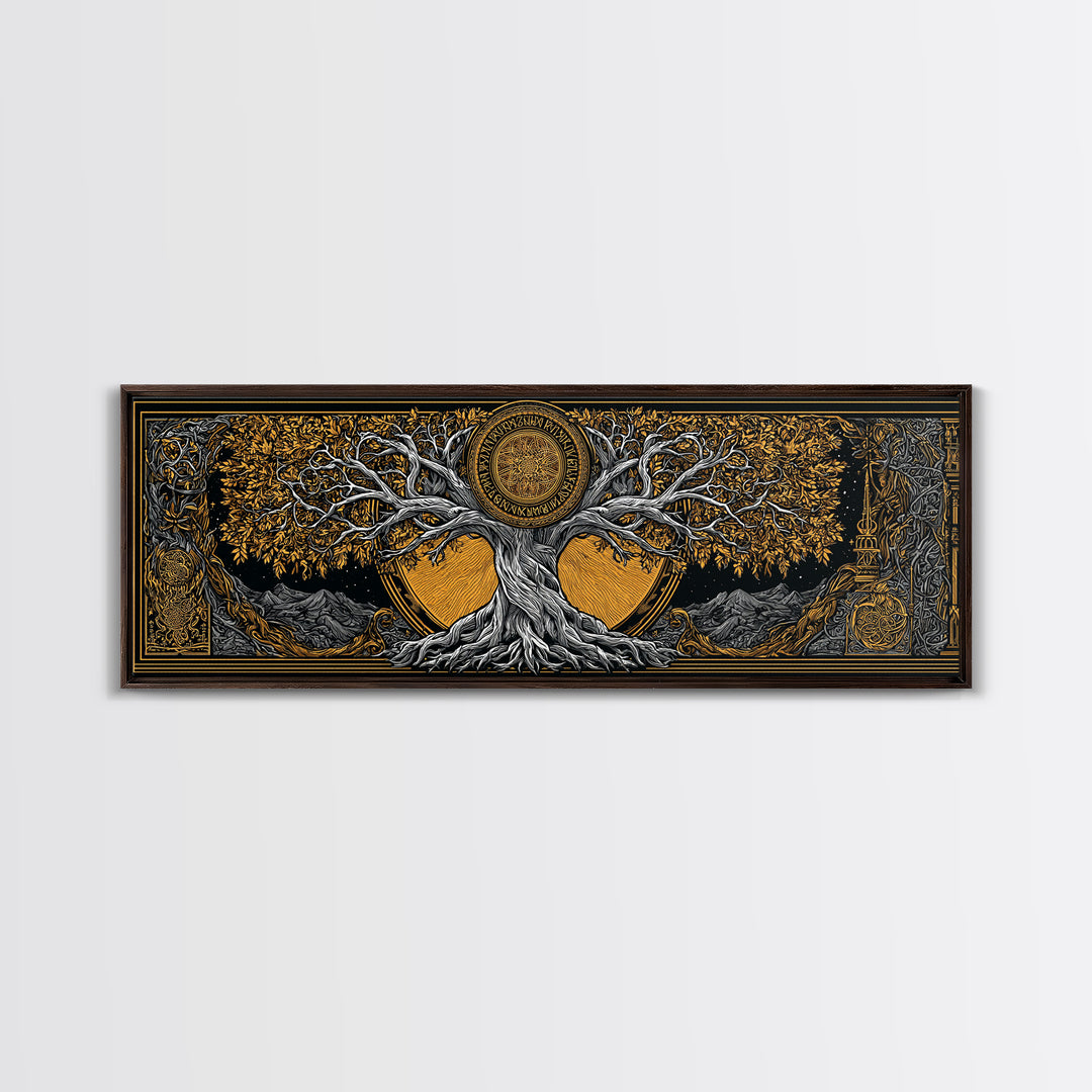 Yggdrasil Cosmic World Tree Canvas Gold Art Canvas Art Norse Decor for Man Cave or Dad Gift, with rustic real wood framing