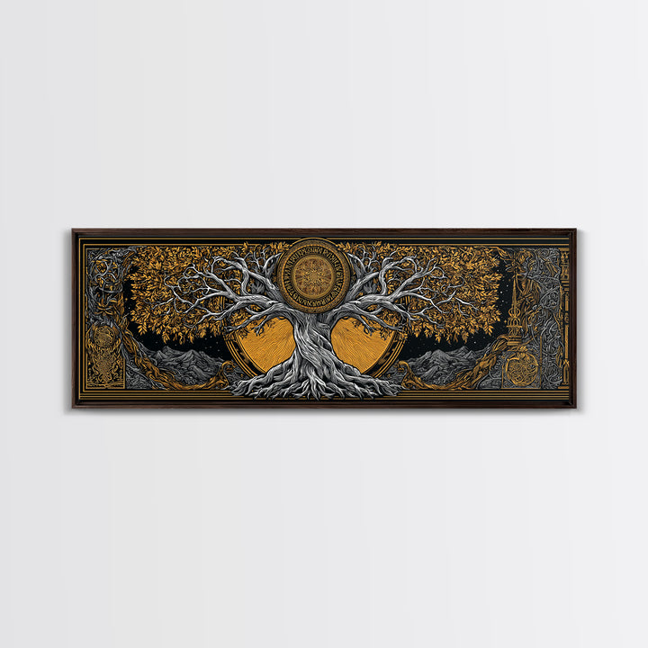 Yggdrasil Cosmic World Tree Canvas Gold Art Canvas Art Norse Decor for Man Cave or Dad Gift, with rustic real wood framing