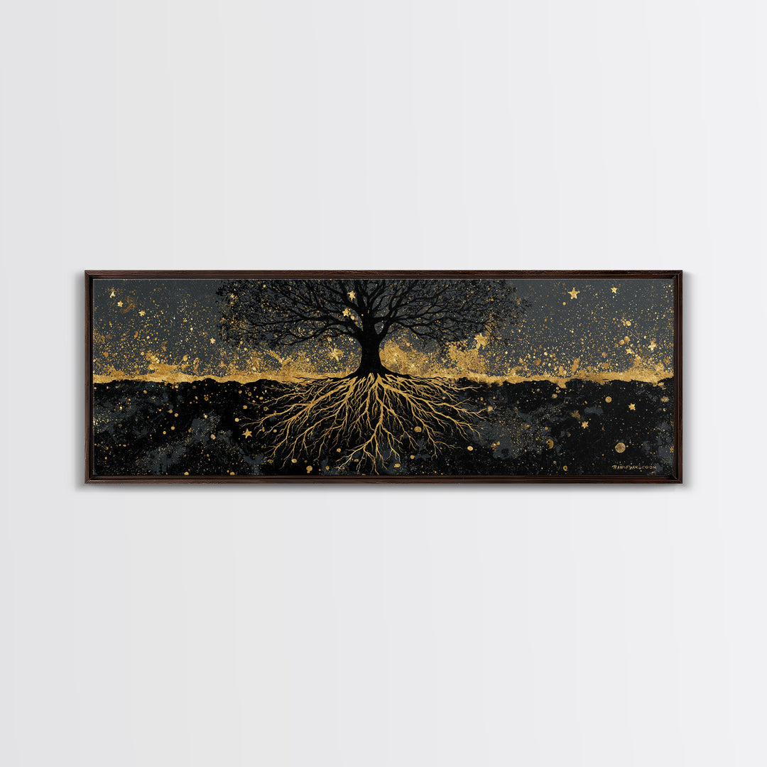 Nordic Tree of Life Yggdrasil Canvas Gold Art Canvas Art Norse Mythology Wall Decor, handcrafted in a premium real wood frame