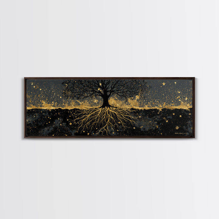 Nordic Tree of Life Yggdrasil Canvas Gold Art Canvas Art Norse Mythology Wall Decor, handcrafted in a premium real wood frame