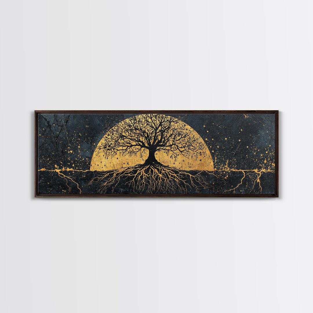 The World Tree Norse Yggdrasil Canvas Gold Art Canvas Art Cosmic Wall Decor for Office or Man Cave, framed in natural wood