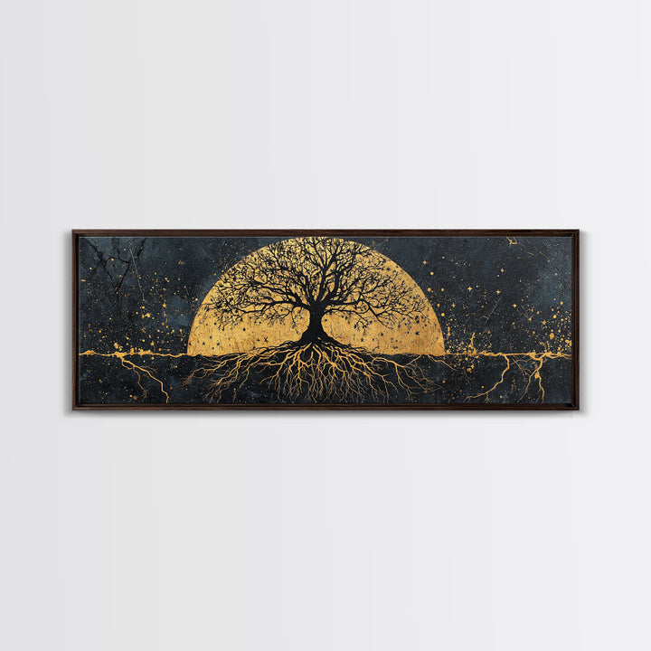 The World Tree Norse Yggdrasil Canvas Gold Art Canvas Art Cosmic Wall Decor for Office or Man Cave, framed in natural wood