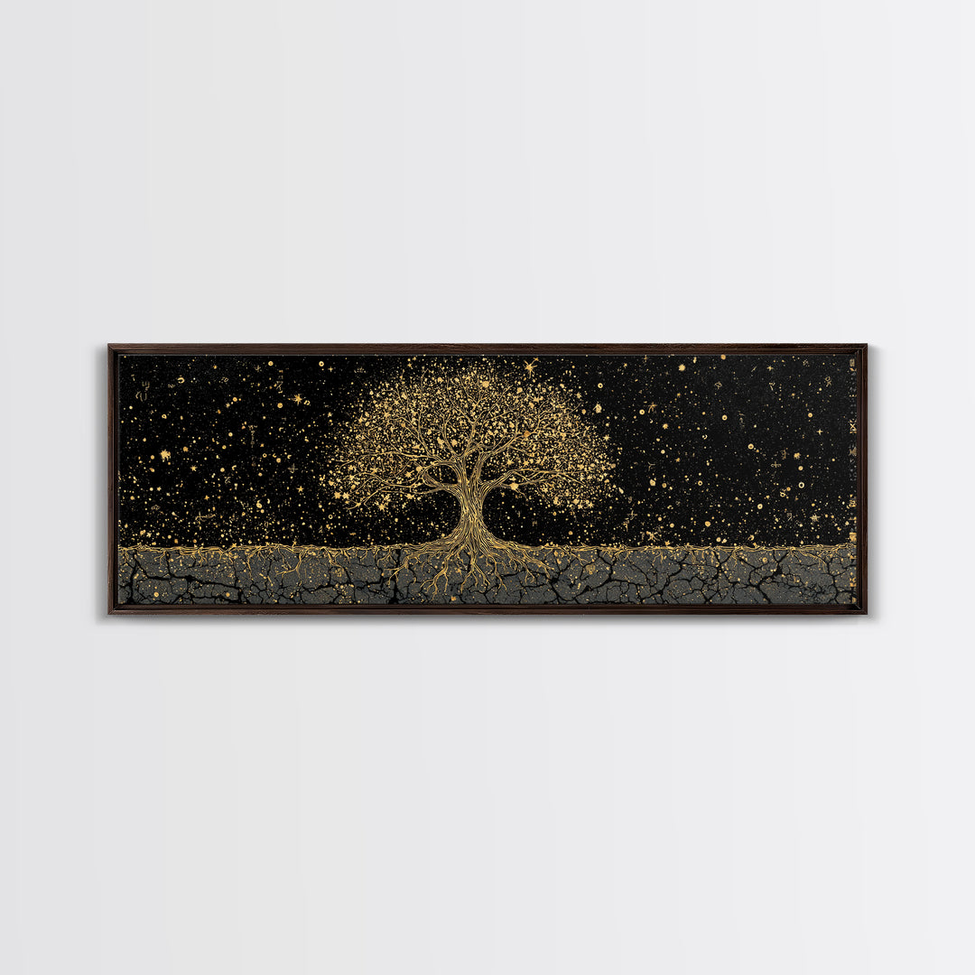 The World Tree Yggdrasil Canvas Gold Art Canvas Art Norse Mythology Wall Decor for Men’s Office, framed in solid natural wood
