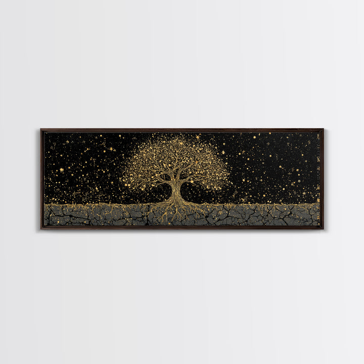 The World Tree Yggdrasil Canvas Gold Art Canvas Art Norse Mythology Wall Decor for Men’s Office, framed in solid natural wood
