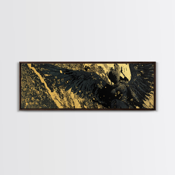 Nordic Valkyrie Canvas Gold Art Canvas Art with Mythology Design, Man Cave Wall Decor in real wood frame, Norse Office Gift