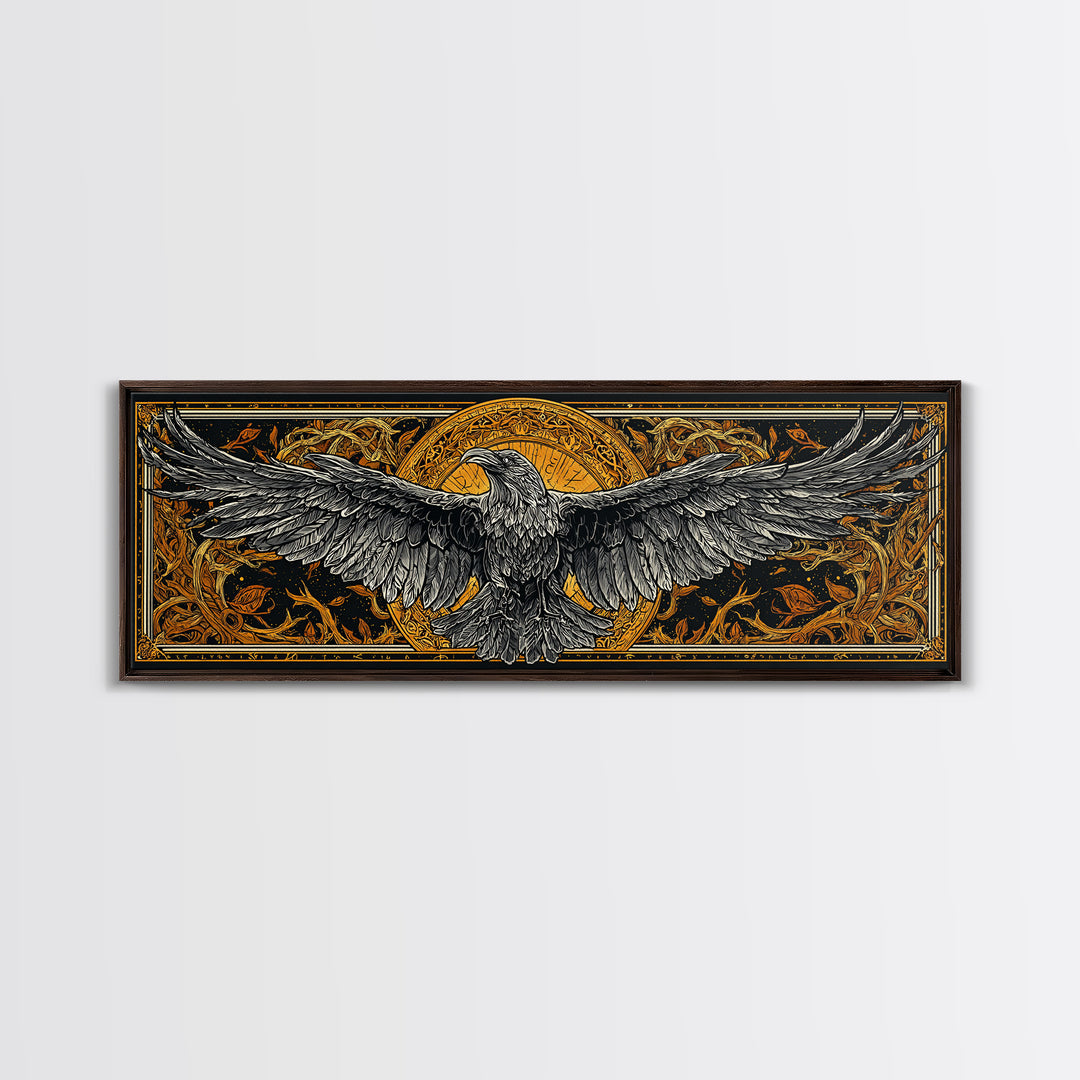 Mythical Valkyrie Helmet Canvas Gold Art Nordic Canvas Art, Norse Wall Hanging for Office or Man Cave framed in real wood
