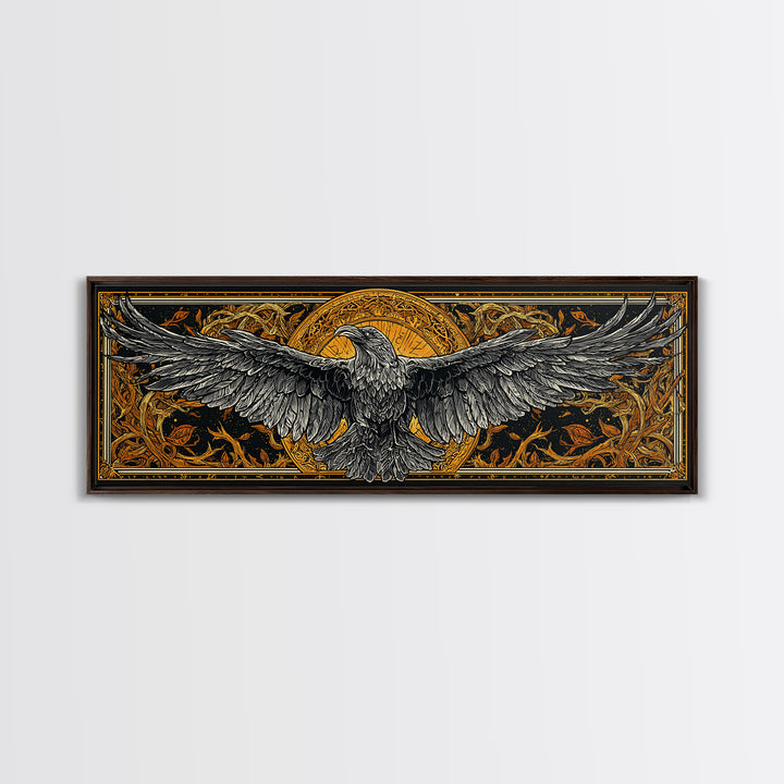 Mythical Valkyrie Helmet Canvas Gold Art Nordic Canvas Art, Norse Wall Hanging for Office or Man Cave framed in real wood