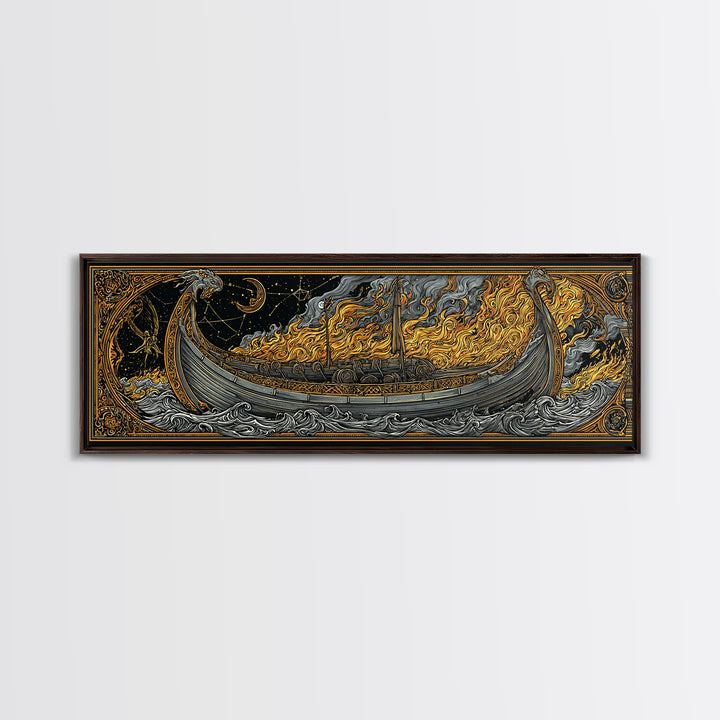 Norse Viking Longship Canvas Gold Art Canvas Art, Mythology Office Wall Decor with real wood frame, Unique Gift for Men