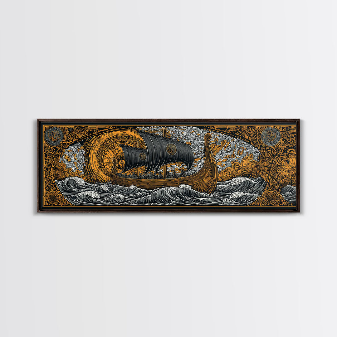 Nordic Viking Helmet Canvas Gold Art Canvas Art, Man Cave Decor in natural wood frame, Mythology Wall Art Office Gift