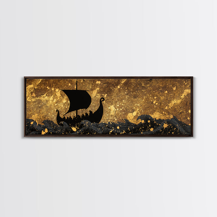 Viking Funerary Ship Canvas Gold Art Norse Mythology Canvas Art, Office Wall Decor framed in real wood, Dad Gift Man Cave