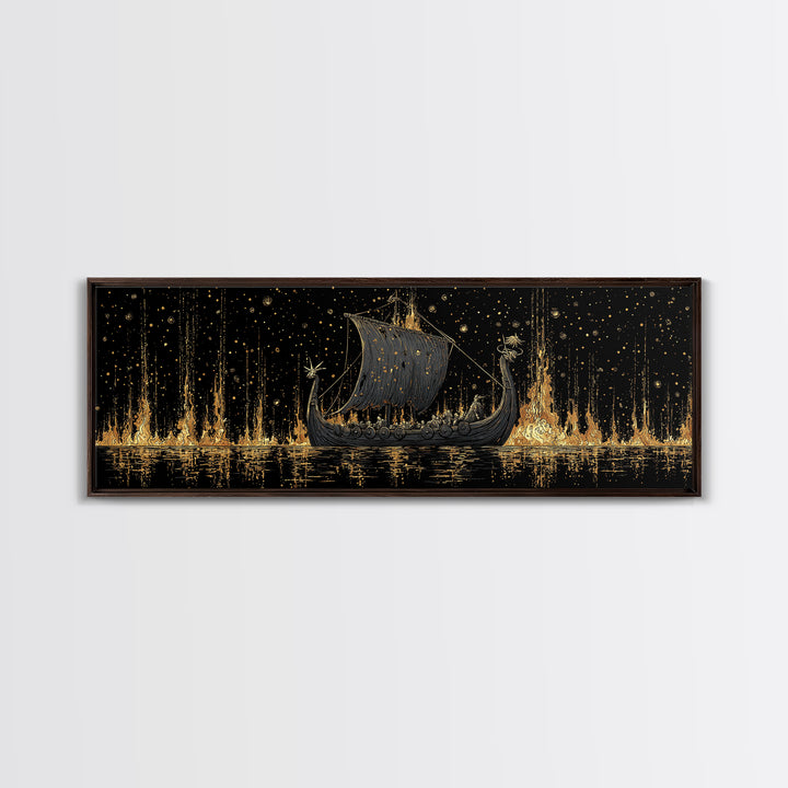 Nordic Viking Warriors Canvas Gold Art Canvas Art, Mythology Office Wall Hanging in natural wood frame, Gift for Him Decor