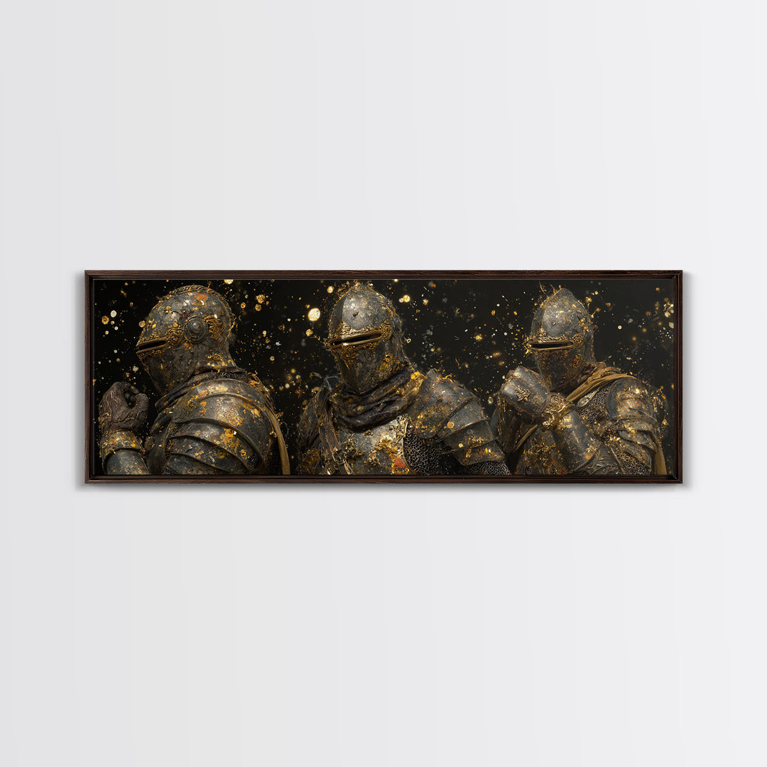 Viking Ship Canvas Gold Art Norse Mythology Canvas Art, Office Wall Decor framed in natural wood, Man Cave Gift for Him