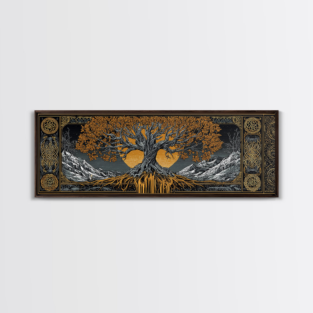 Yggdrasil Canvas Gold Art Nordic Wall Decor, Viking Mythology Canvas Art Framed in Natural Wood, Man Cave or Office Art